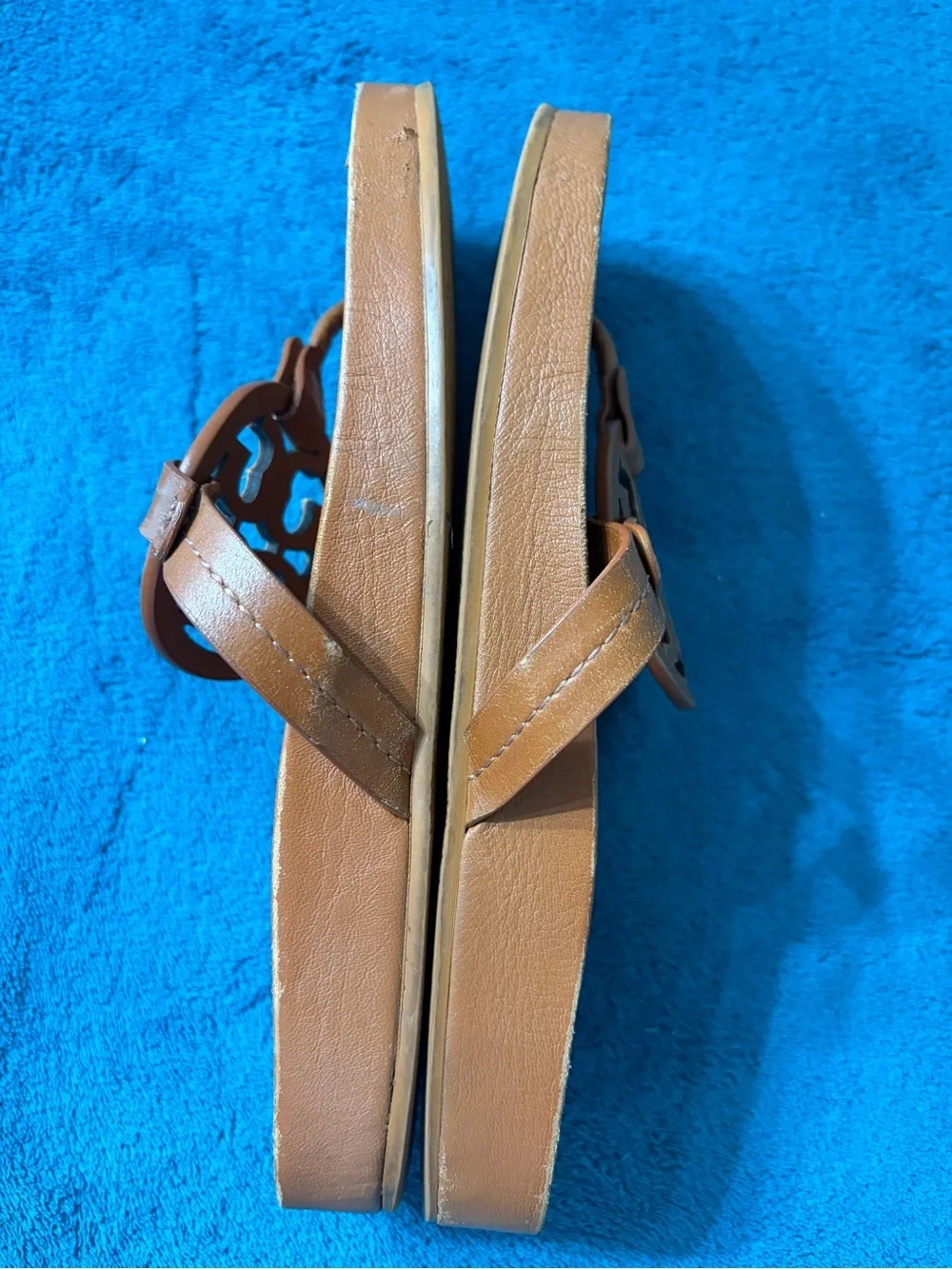Tory Burch Cognac Leather Logo Thong Sandals